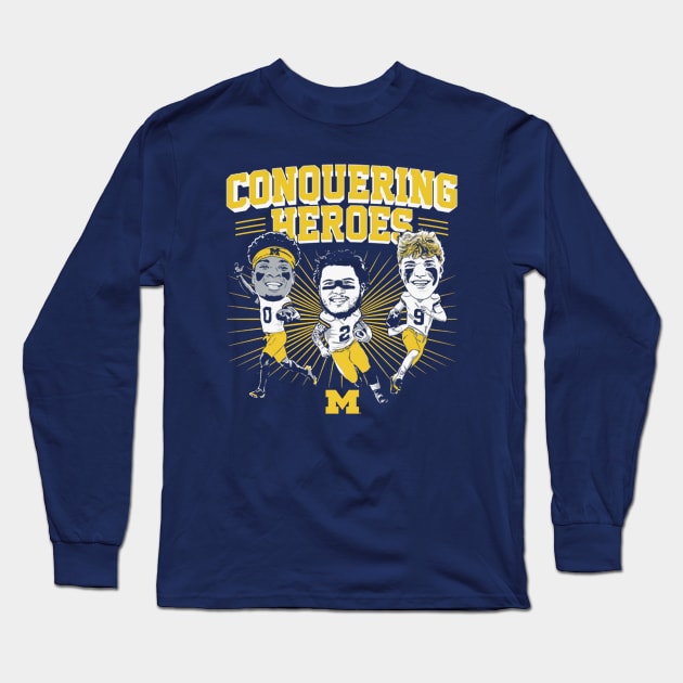 J.J. McCarthy Blake Corum & Mike Sainristil Caricatures Long Sleeve T-Shirt by ganisfarhan